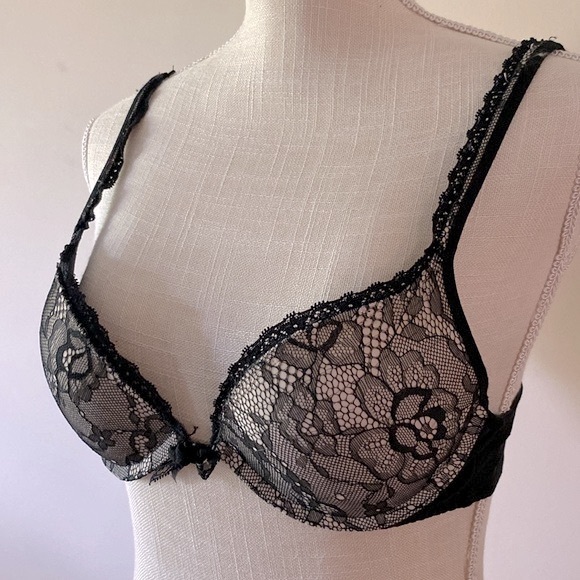 Jessica Simpson padded push up plunge black lace on white bra, underwire 34B - Picture 3 of 14